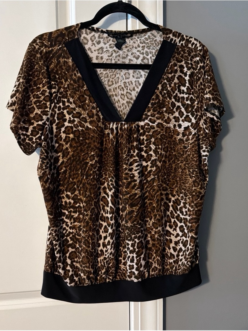 Suzie In The City Brown Leopard Print V-Neck Blouse with Black Trim